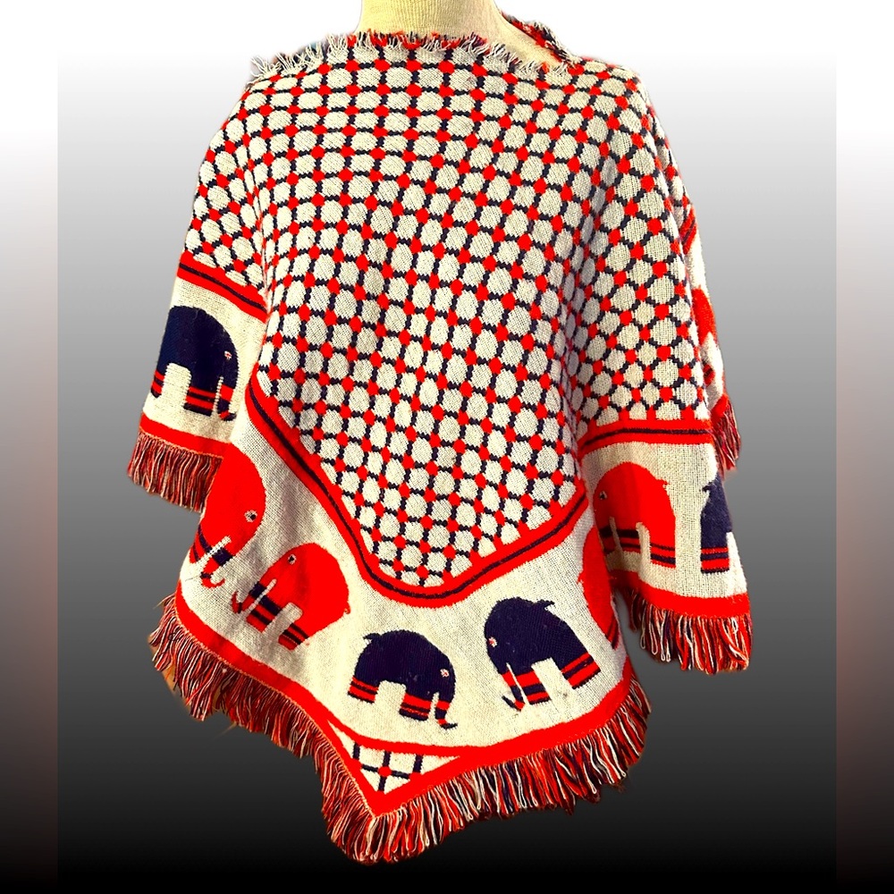 RARE! 70’s Vintage Elephant Fringe Poncho - Red-Orange, Navy Blue & White OS